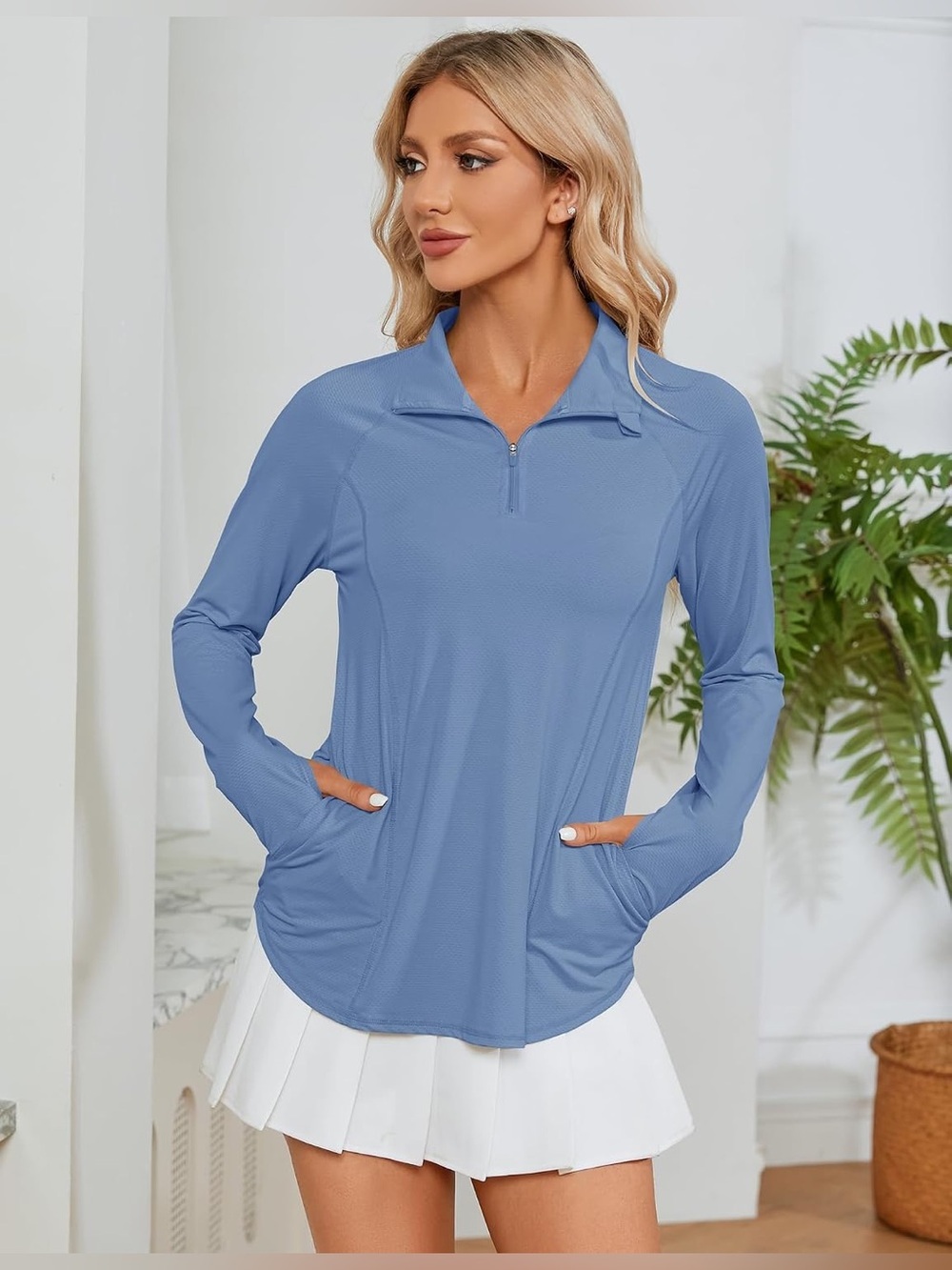 Lomon Quarter Zip Pullover Blue Long Sleeve Athletic Top Pockets Size S NWT